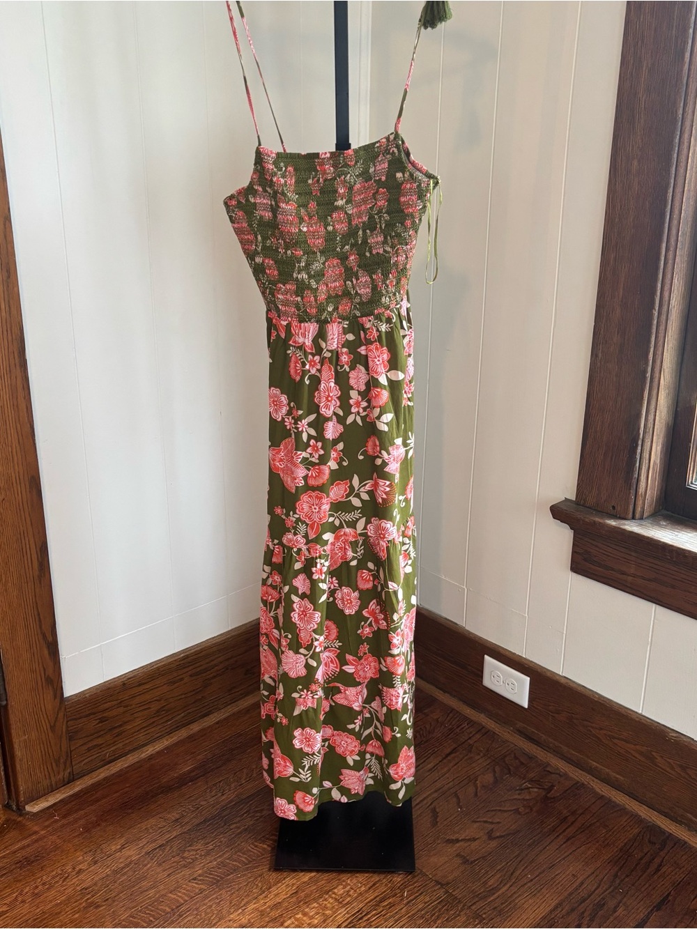 Patrons of Peace Maxi Dress Women Small Green Pink Floral Smocked Boho Chic NWT